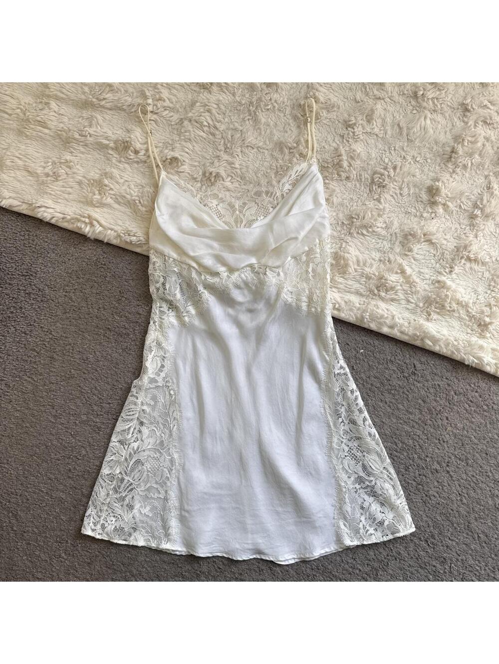 For Love & Lemons Bridalcore Ivory Lace Slip Mini Dress Drape Neck Size S